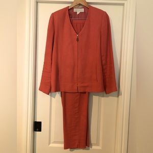 Doncaster 2-piece linen suit in coral. Jacket size 10. Slacks size 6.